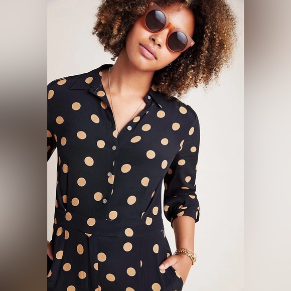 ANTHROPOLOGIE Loveland Wide-Leg Jumpsuit Women's Size US 4 Black Polka - Picture 3 of 7